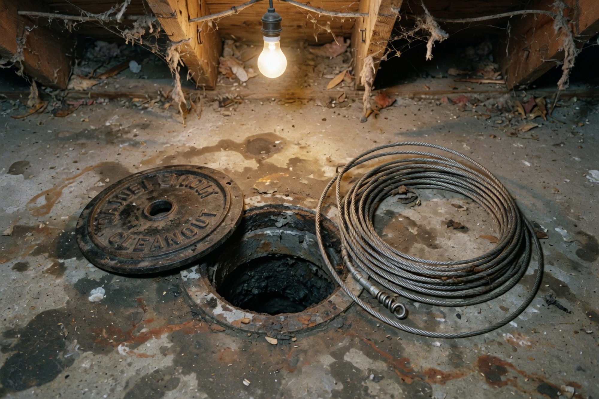 An open cleanout and a coiled drain cable on a basement floor.