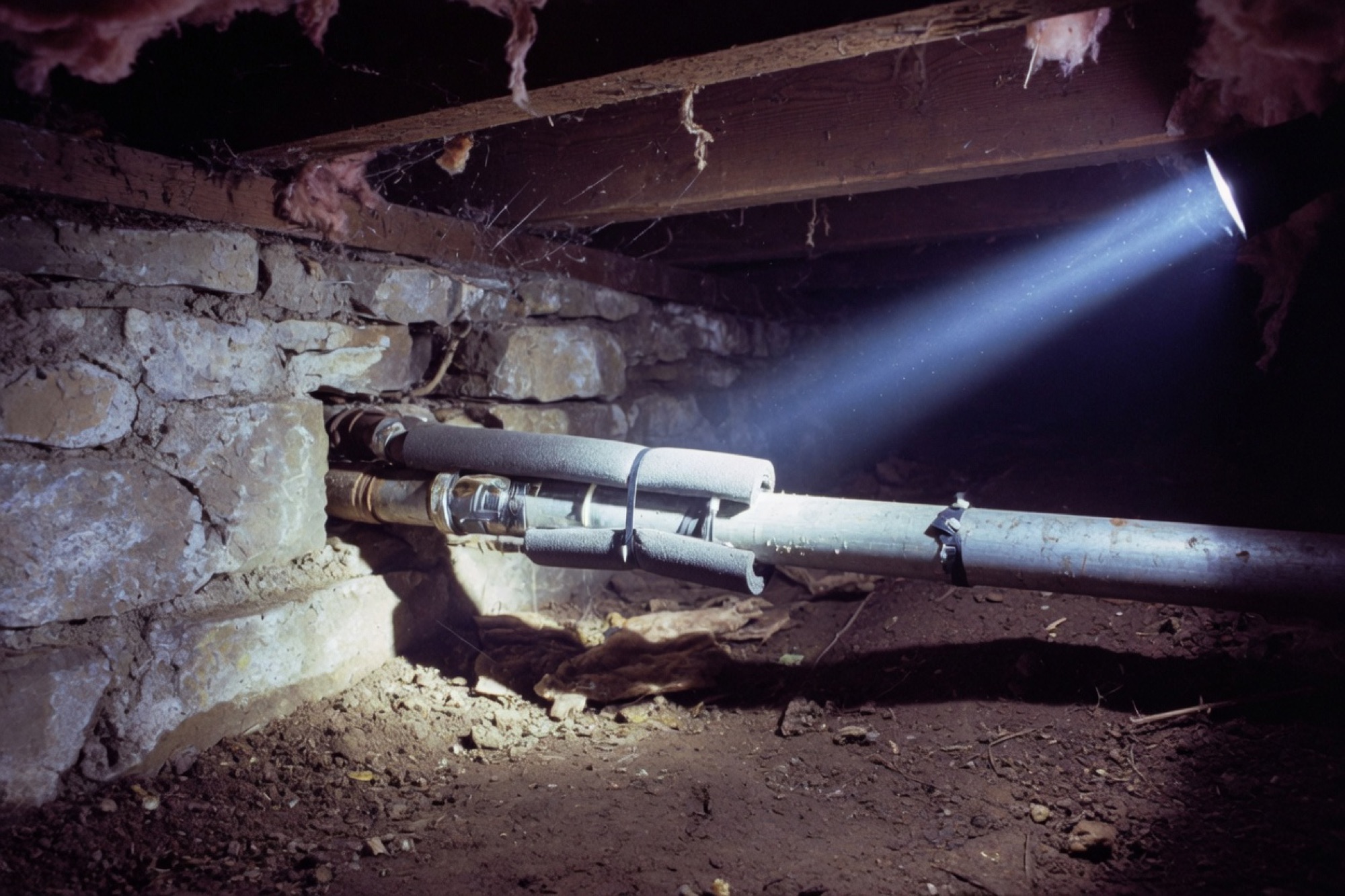 A galvanized pipe in a crawlspace, partly wrapped, under a flashlight beam.