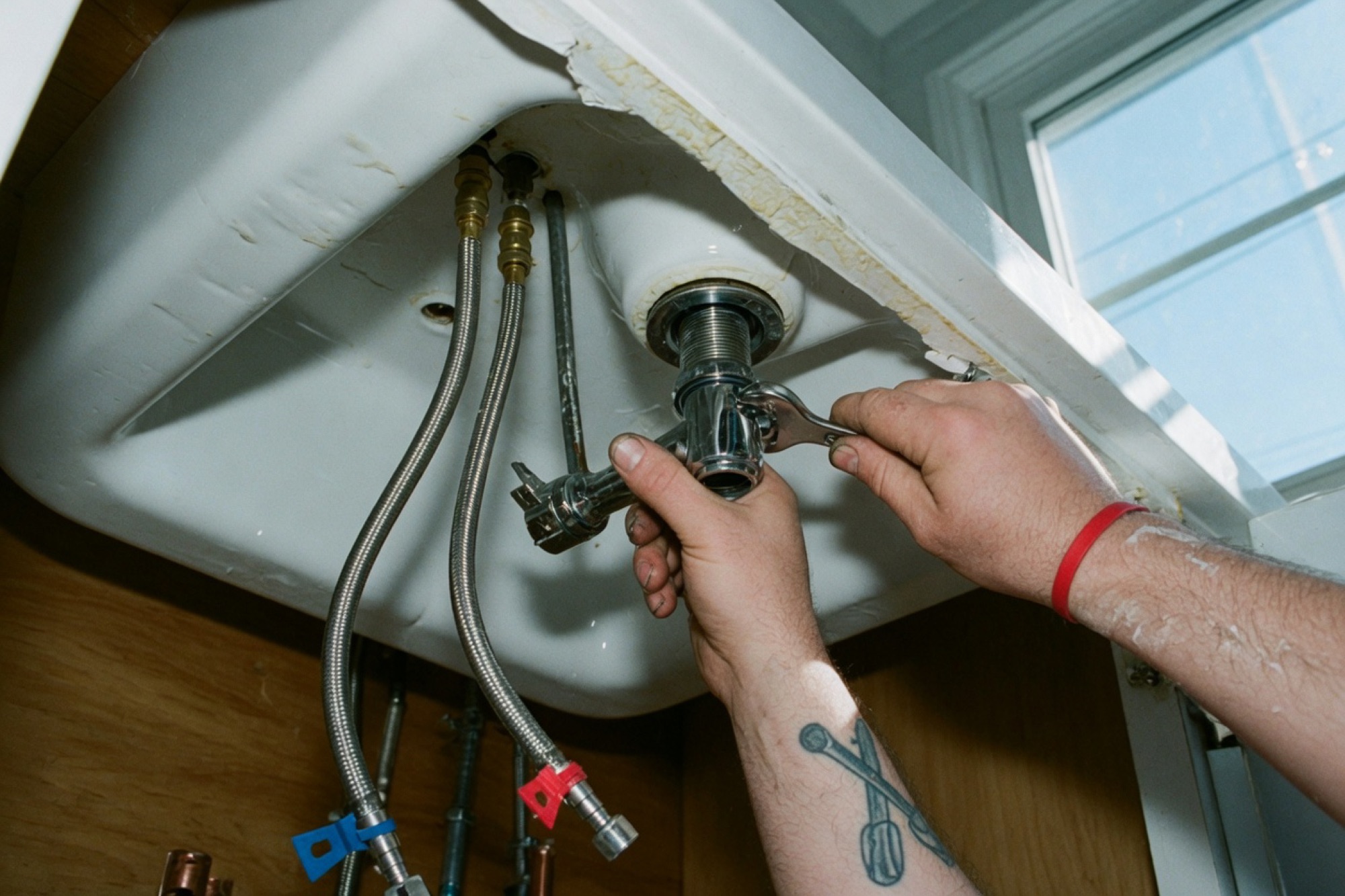 Hands tightening a faucet shank under a porcelain kitchen sink.