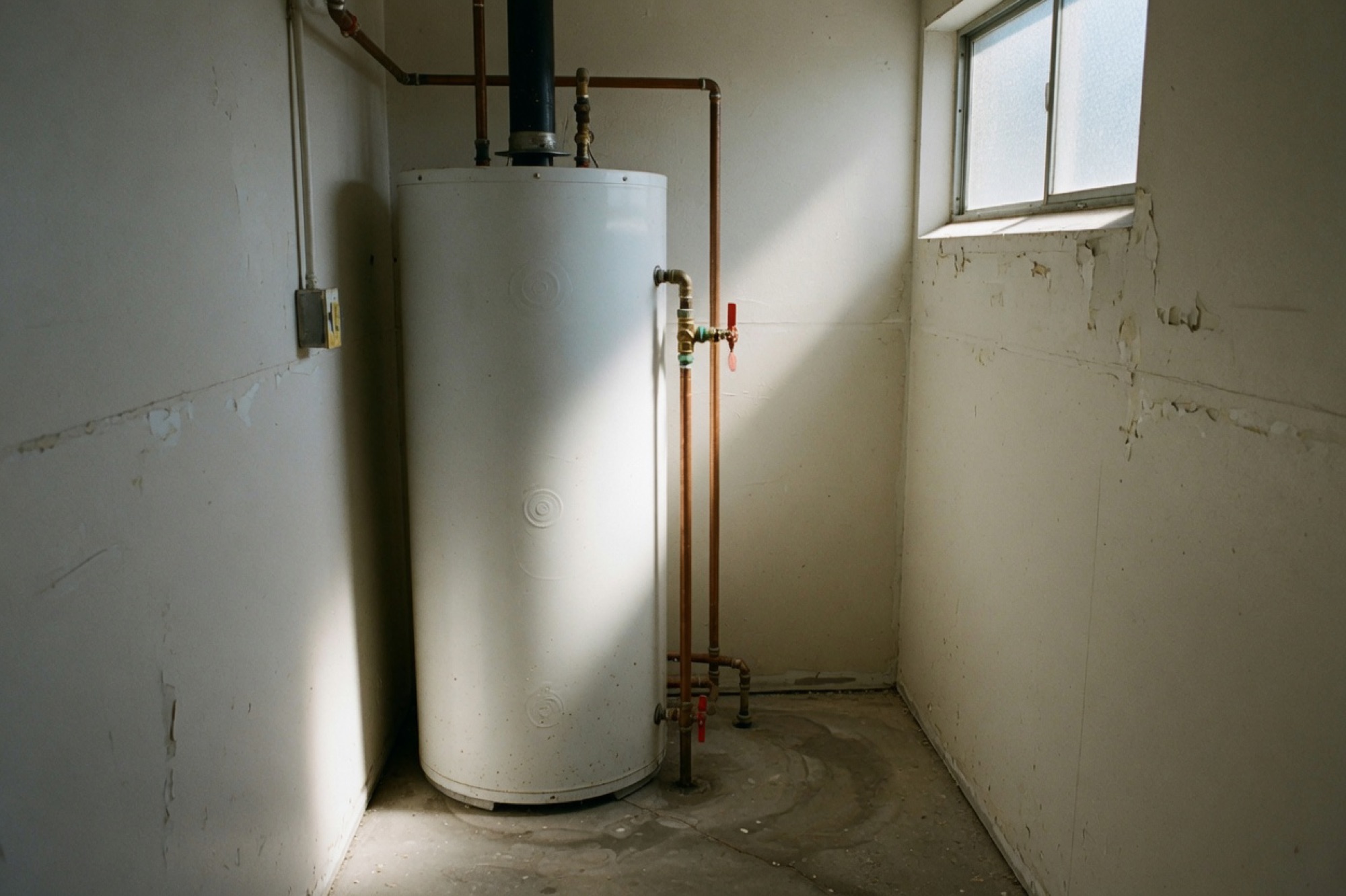 A water heater with copper piping in a utility closet.