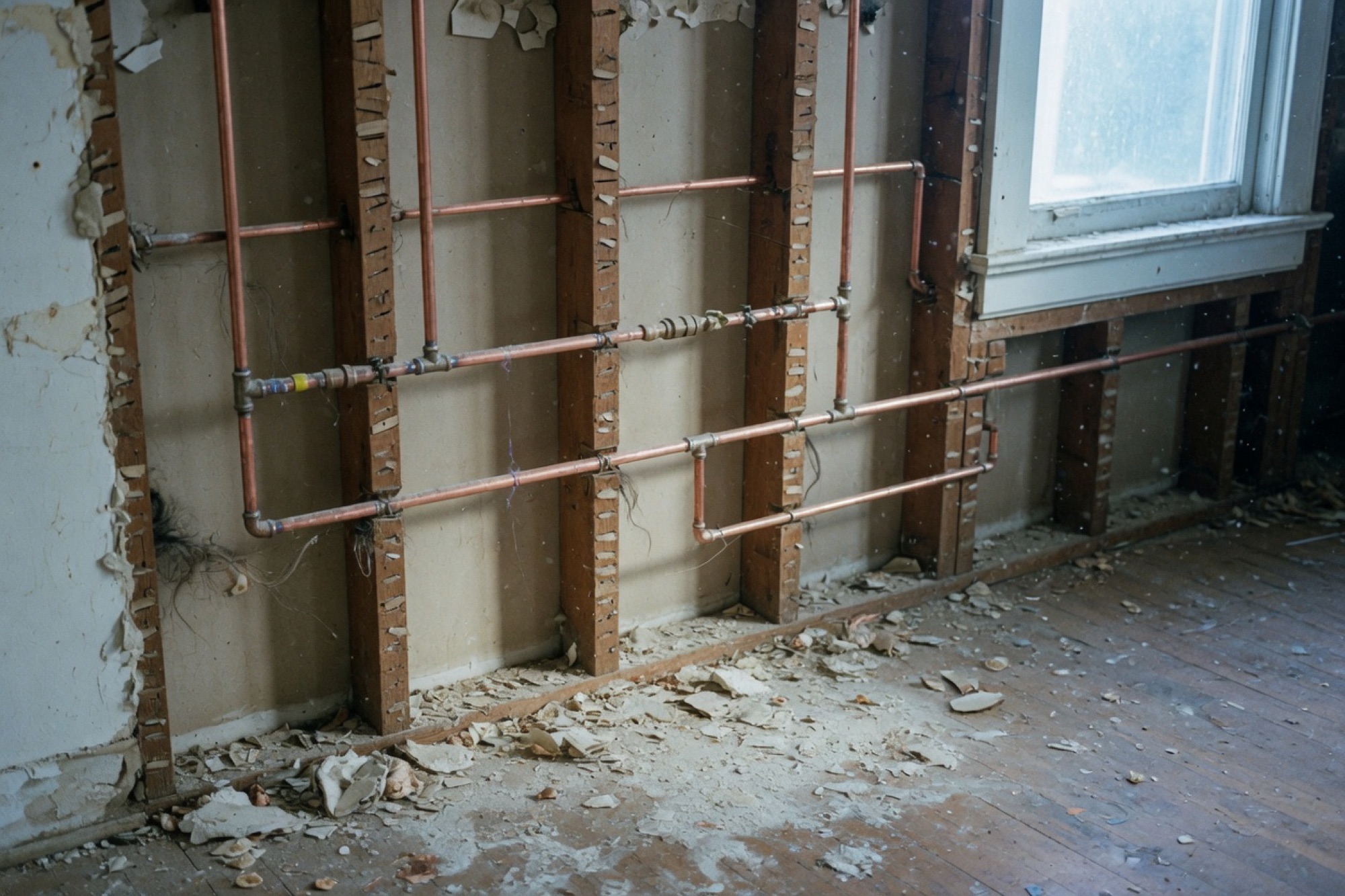 New copper water lines run through opened wall studs.