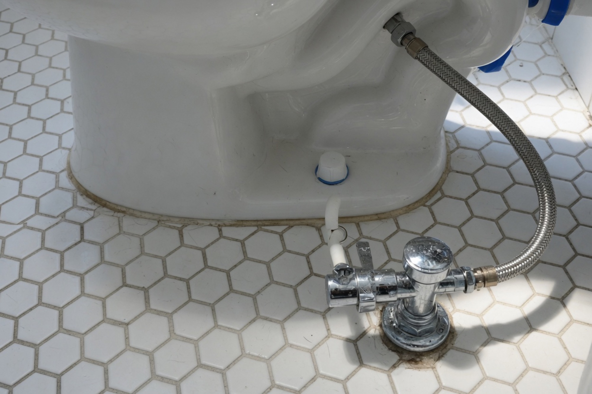 A toilet supply stop and braided line on hexagonal tile.