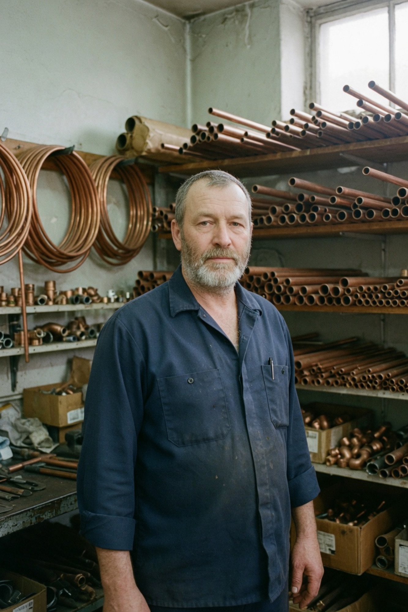 Tom Wick in the shop, navy work shirt, pipe racks behind him.